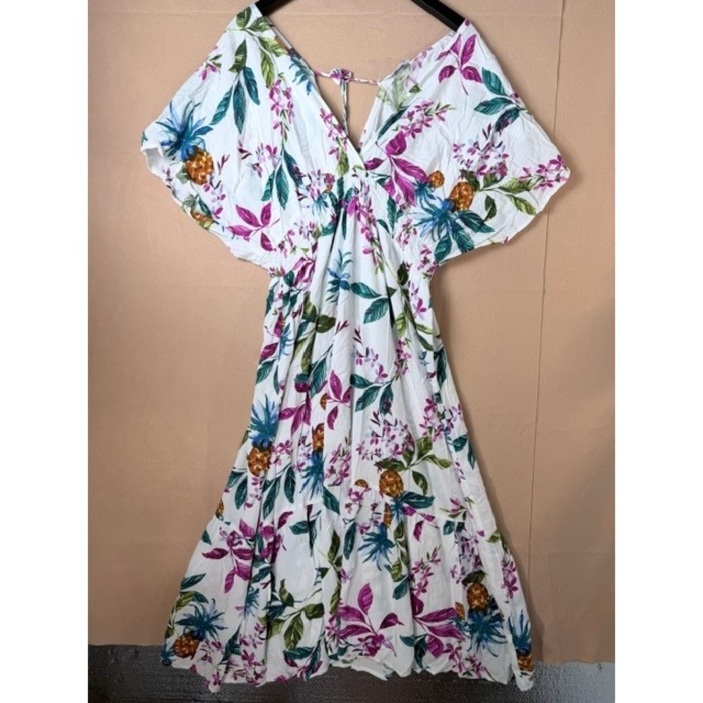 Blue Island Women's XL Tropical Floral Pineapple Maxi Dress White Rayon